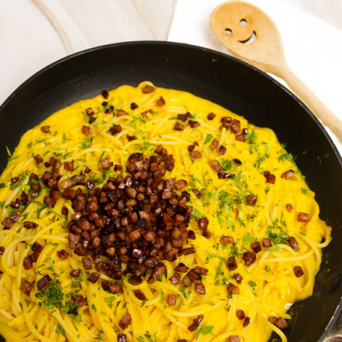 Spaghetti Cabonara mit Kürbis und ohne Ei