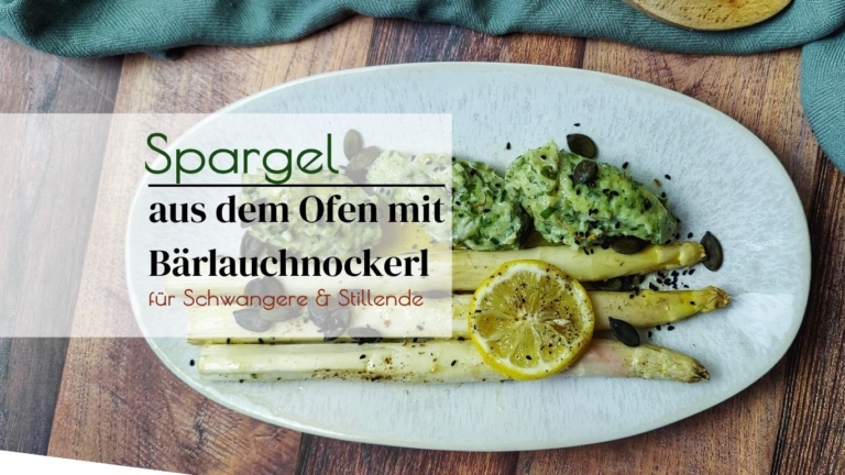 Backofen Spargel mit Bärlauchnockerl Salbeibutter und knusprigen Kürbiskernen